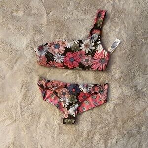 Agua Bendita Floral One-Shoulder Bikini in Pink, White, Olive, Navy